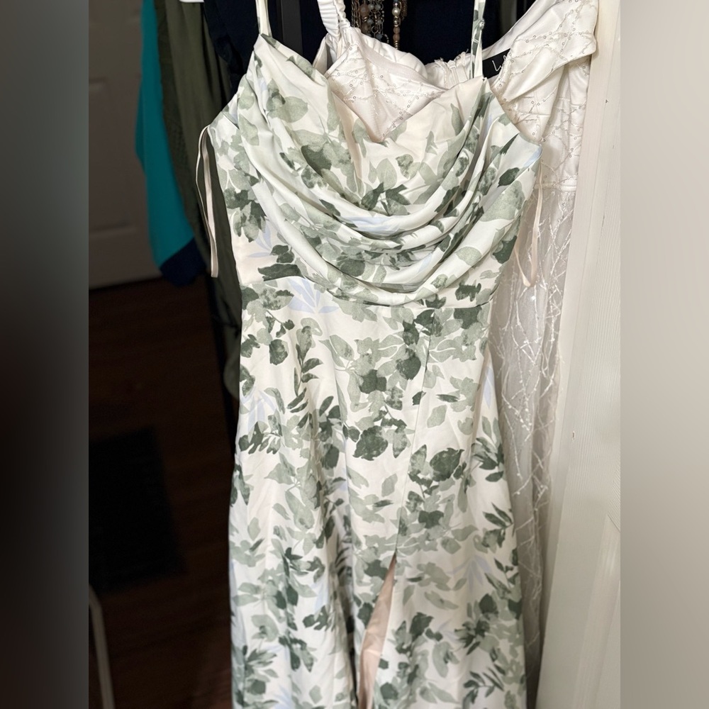 Floral bridesmaid dress, swoop neckline
